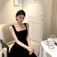 Square neck suspender dress temperament slim Hepburn style evening party black long dress R1484