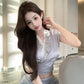 A blue V-neck short-sleeved top and skirt with a sense of luxury R0841
