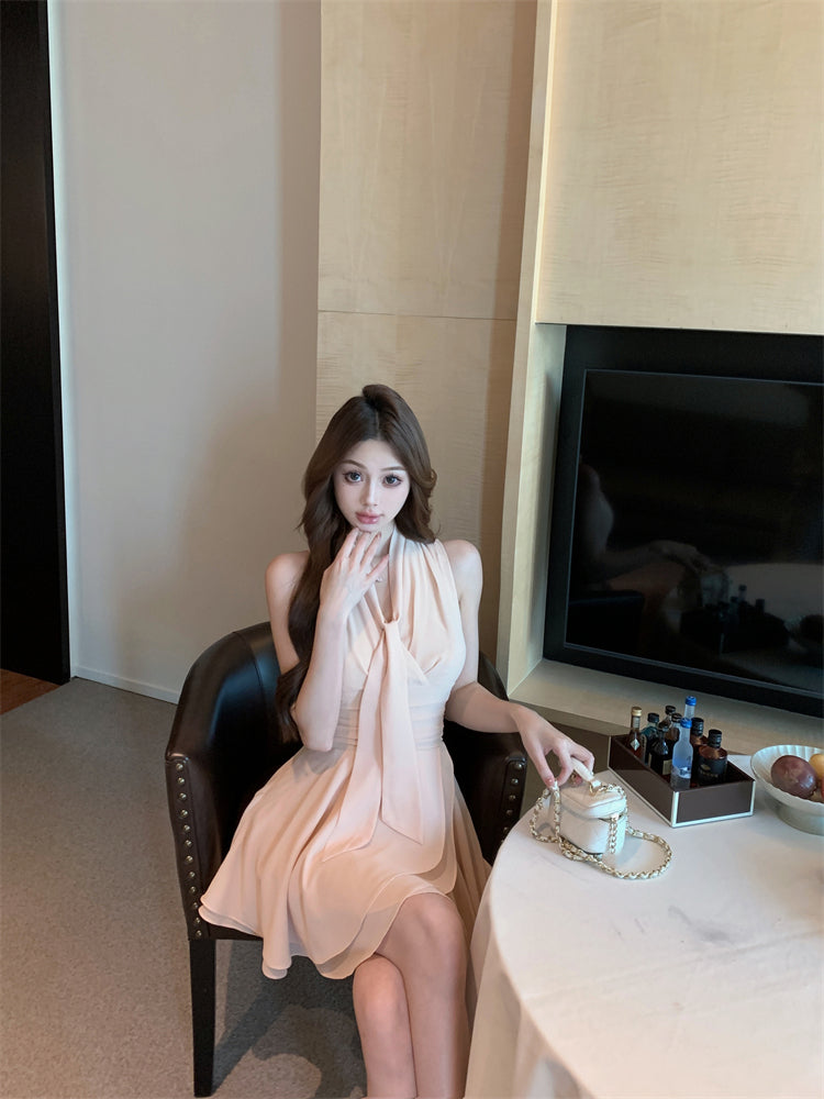 Pink V-neck sleeveless vest dress gentle temperament waist A-line short skirt R0844