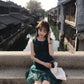 Retro green sleeveless vest dress gentle and sweet style waist A-line short skirt R0706