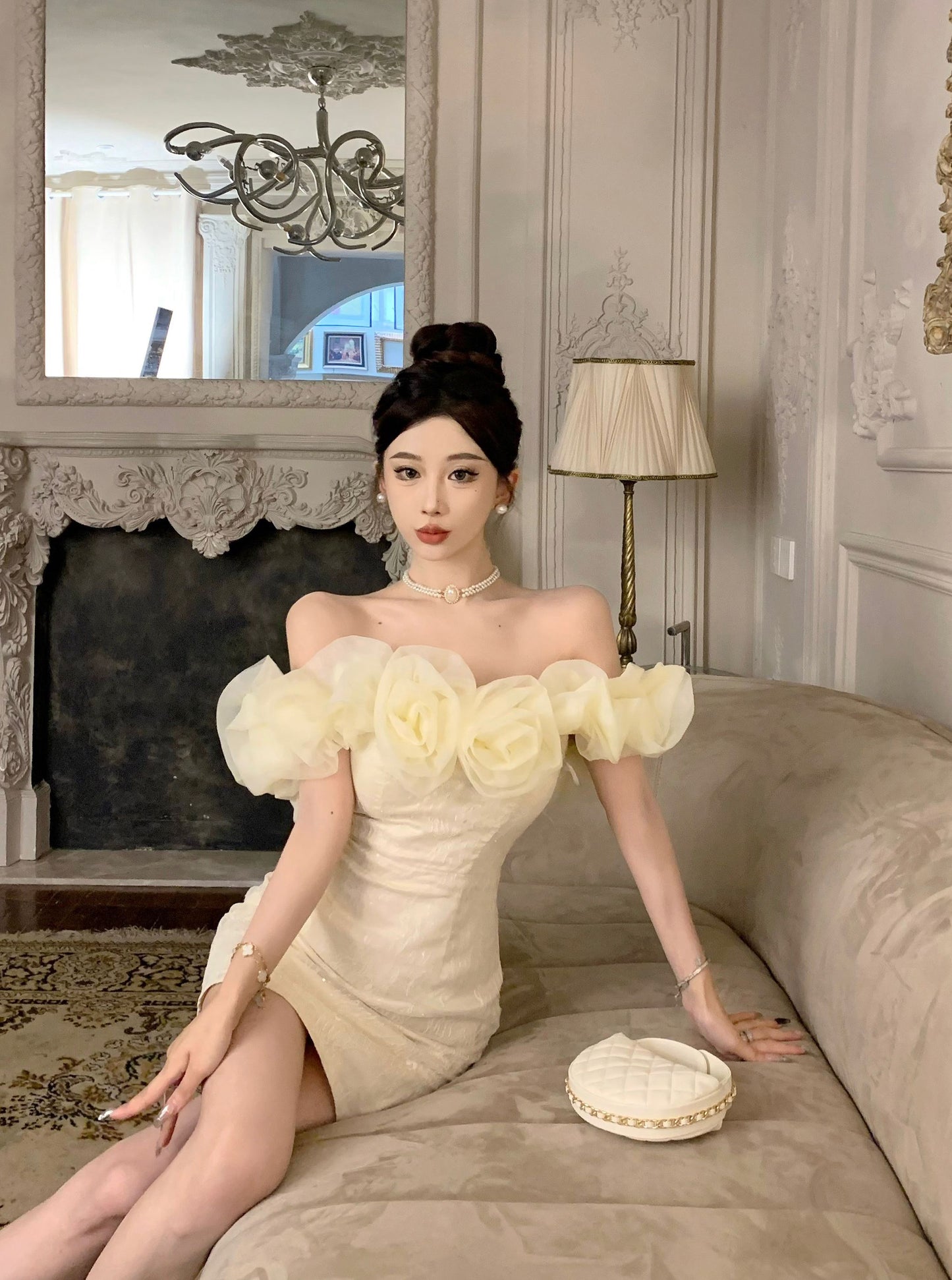 Temperament flower one-shoulder dress niche design banquet small dress R0797