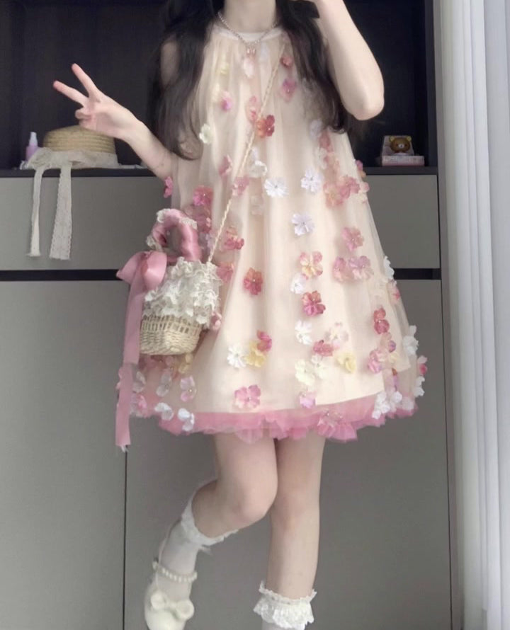 Gentle and sweet style flower off-shoulder halter dress beautiful loose A-line skirt R0798