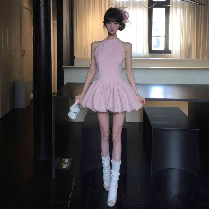 Pink sleeveless vest dress gentle temperament waist fluffy flower bud skirt R0799