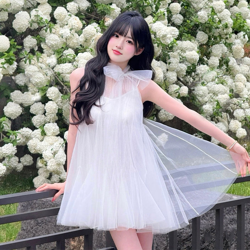 Gentle and sweet style white mesh sleeveless dress beautiful loose A-line short skirt R0801