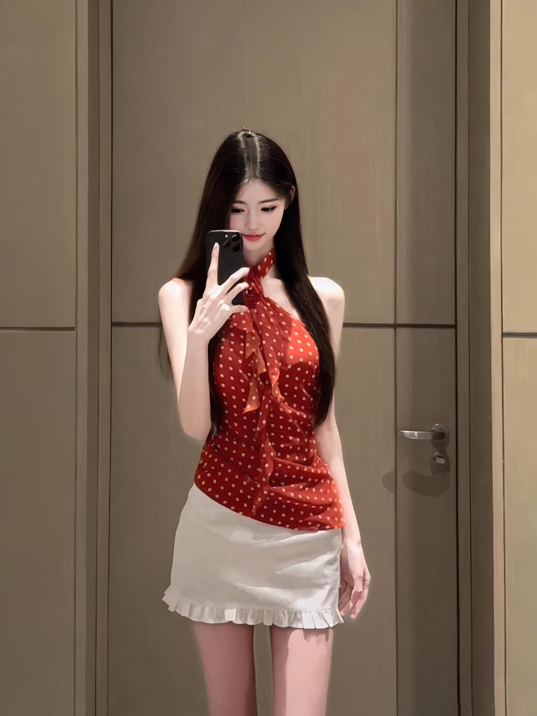 Beautiful outfit set Beautiful red polka dot halter neck vest short skirt two-piece set R0802