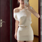 Beautiful white knitted dress gentle temperament waist hip short skirt R0803