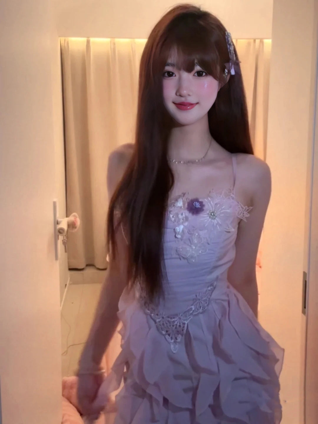 Summer beautiful little skirt holiday style purple irregular ruffle flower dress R0843