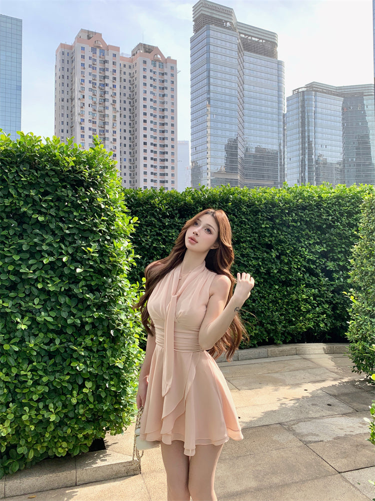 Pink V-neck sleeveless vest dress gentle temperament waist A-line short skirt R0844