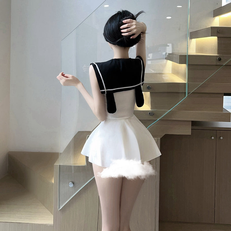 Pure girl style color matching navy collar sailor dress bow slim mini short uniform vest dress R3755