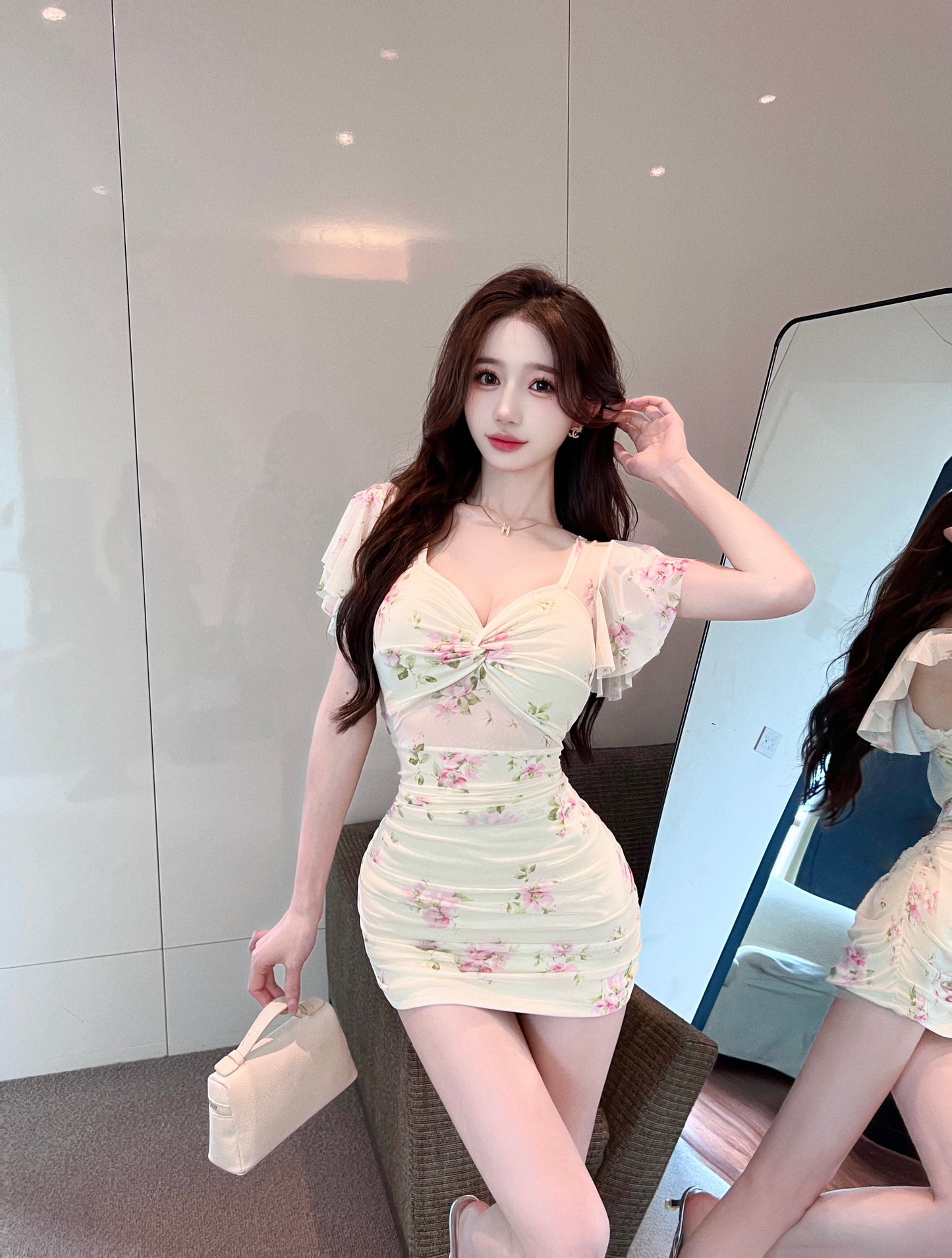 Mesh floral dress sexy internet celebrity temperament waist pleated slim hip skirt R3752