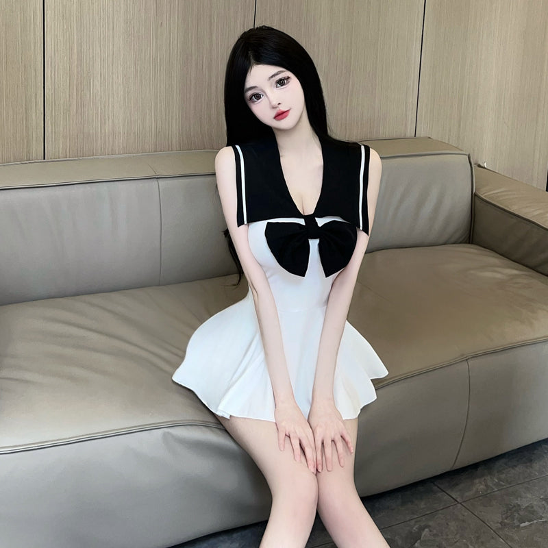 Pure girl style color matching navy collar sailor dress bow slim mini short uniform vest dress R3755