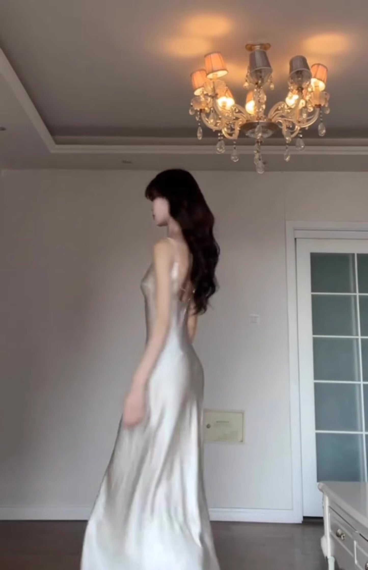 Satin suspender dress unique waist backless banquet dress R0512