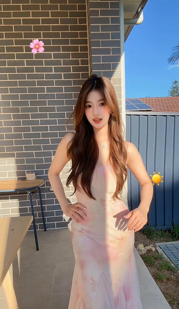 Sexy floral suspender dress mesh beautiful waist slim hip fishtail skirt R0513