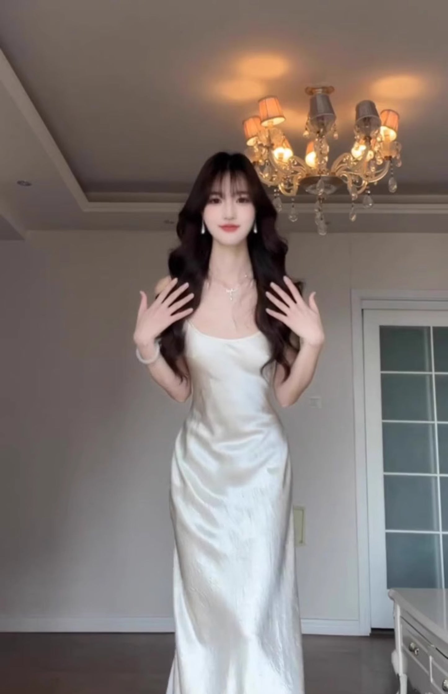 Satin suspender dress unique waist backless banquet dress R0512