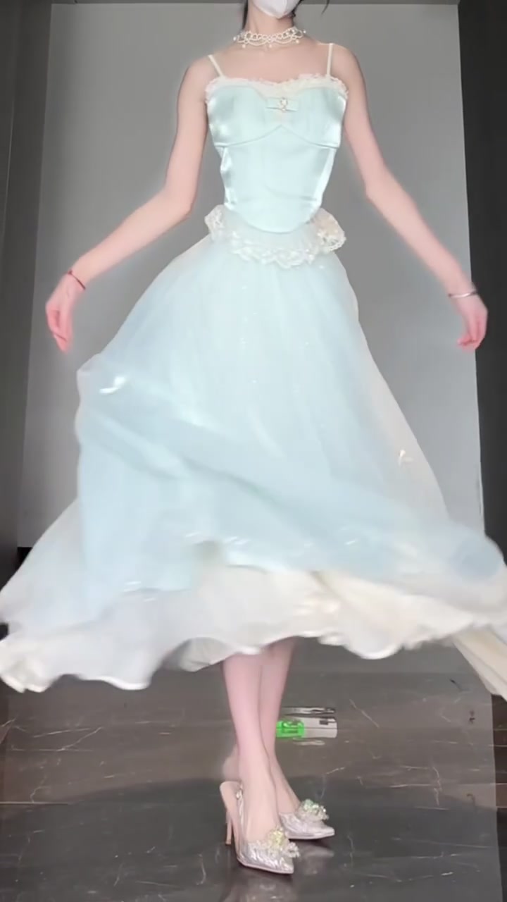 Qianjin Outfit Blue Camisole Vest Mesh Skirt Two-piece Set R0511