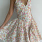 French pastoral style retro V-neck small floral print halter dress sexy backless puffy short skirt R3087