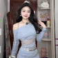 Summer beautiful vacation gentle style blue one shoulder top a line skirt two piece set R0898
