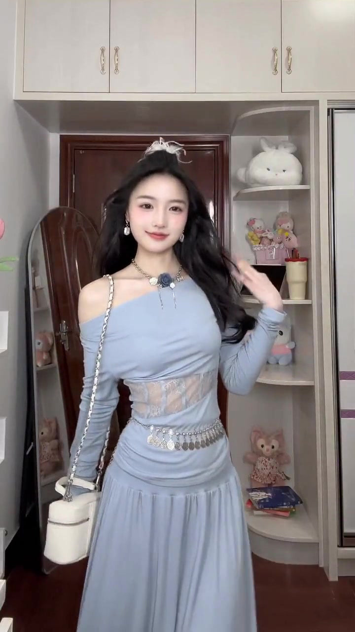 Summer beautiful vacation gentle style blue one shoulder top a line skirt two piece set R0898