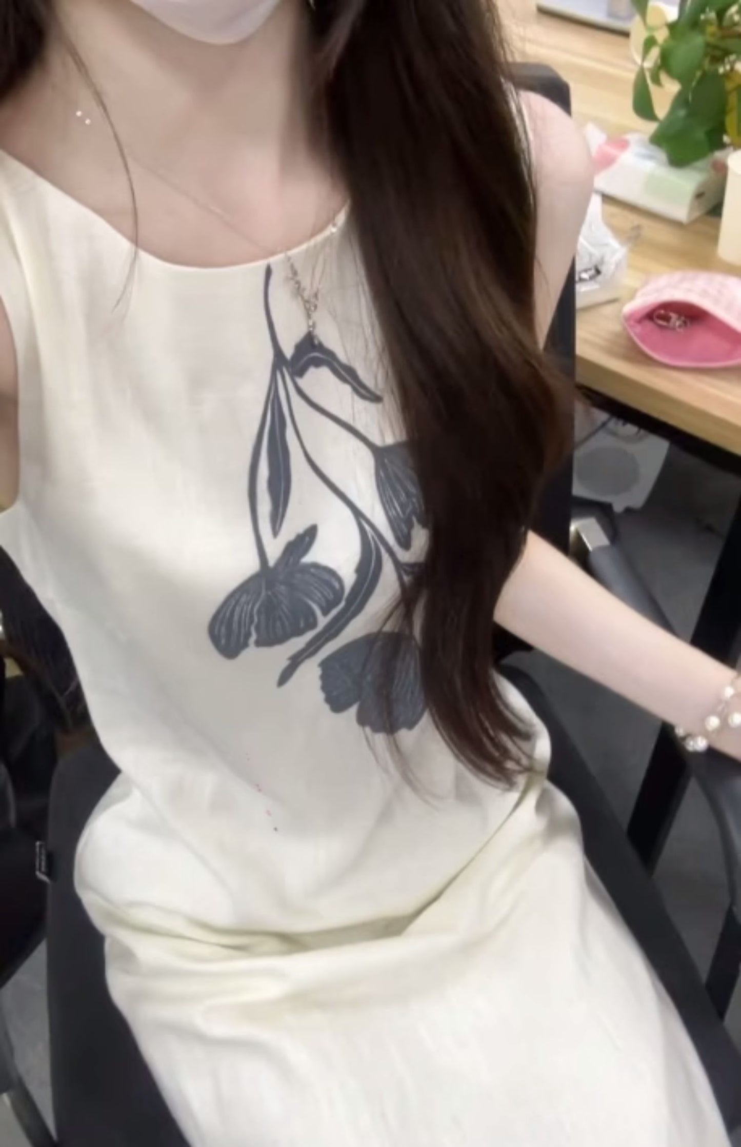 Simple and generous sleeveless dress niche linen print beautiful temperament long dress R0713