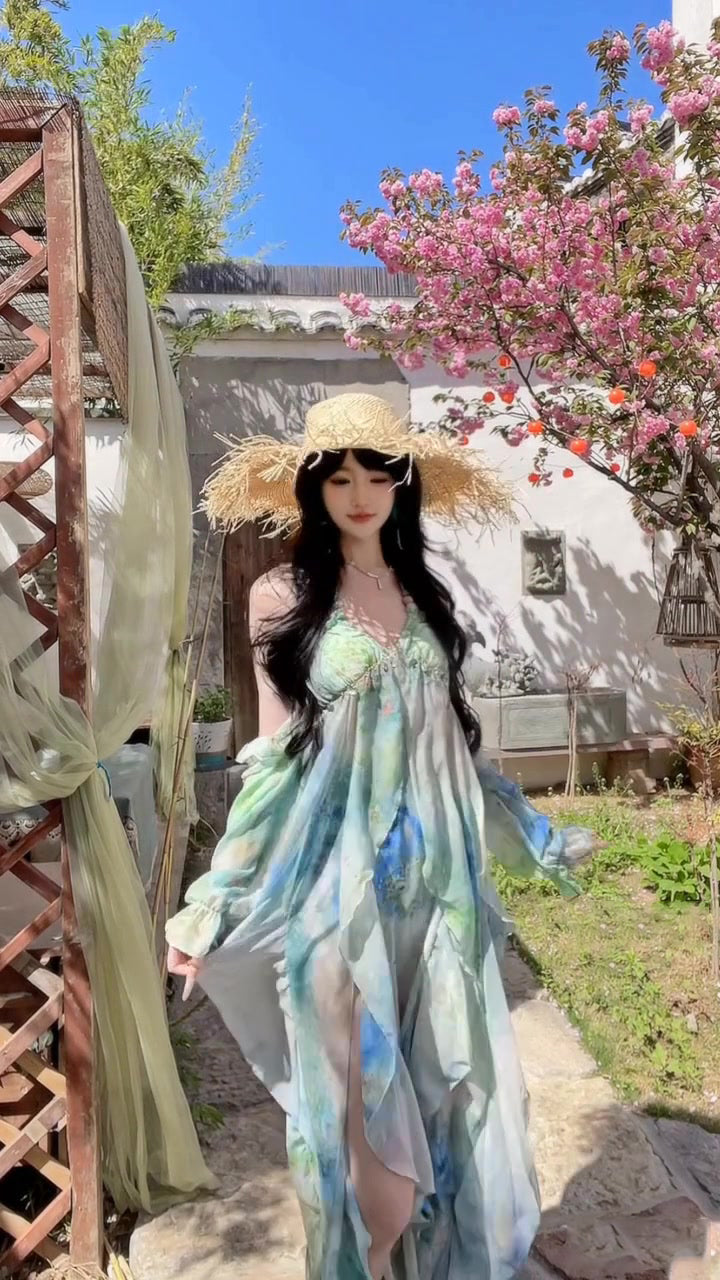 Blooming floral halter dress holiday style beautiful dress R0716