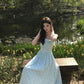 Gentle temperament blue polka dot suspender dress beautiful waist A-line long skirt R0714