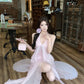 Beach Vacation Pink Chiffon Halter Neck Vest Skirt Two-piece Set R0508