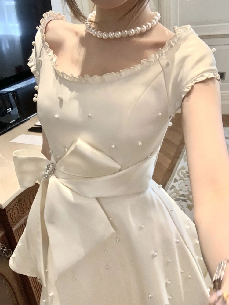 2025 Summer New Light Luxury Heavy Industry Pearl Princess Dress Short Skirt Women's Homecoming Dress R3002