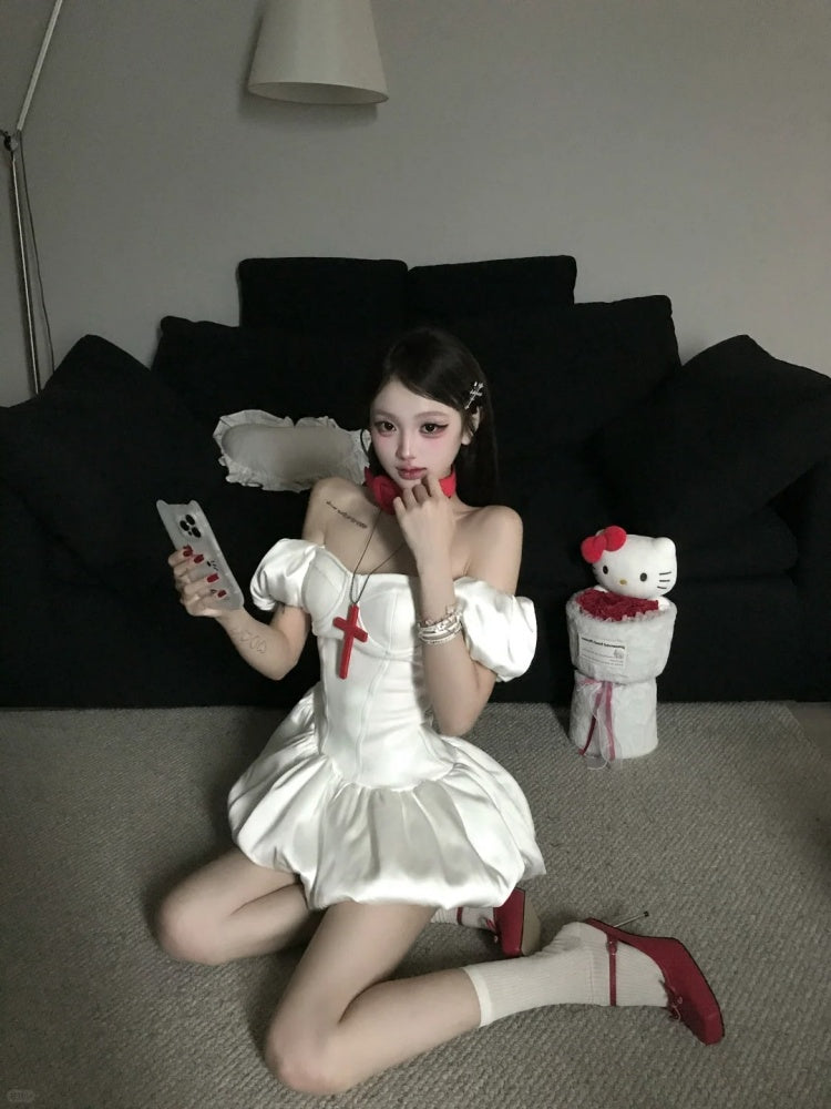 French style white puff sleeve one shoulder dress beautiful summer princess dress homecoming dress R3018