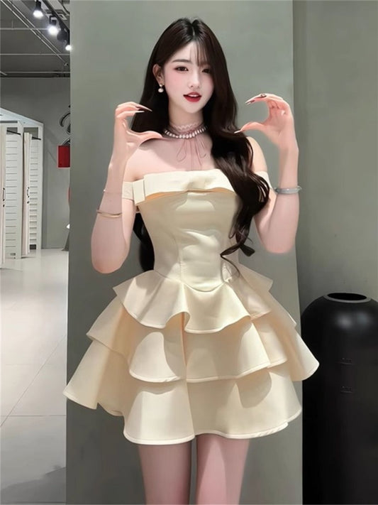 Princess Tutu Summer French Thousand Gold Bow One Shoulder Light Luxury Dress Homecoming Dress R3022