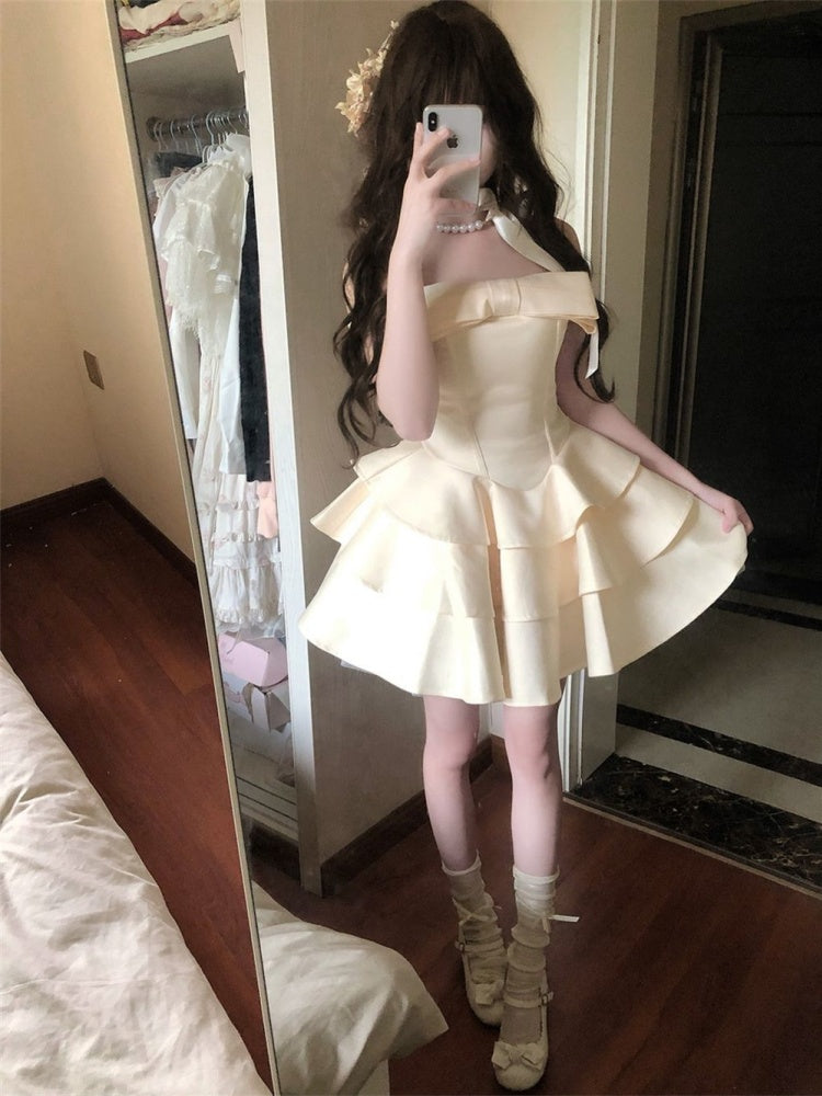 A-line dress with a sense of gold and a shoulder, satin waist, puffy dress, summer homecoming dress R3016