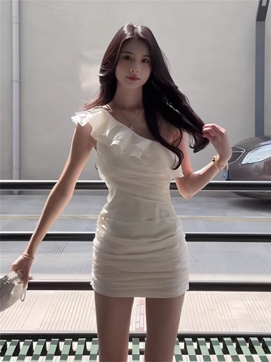White ruffled dress women's summer slim fit hip skirt short skirt homecoming dress R3021