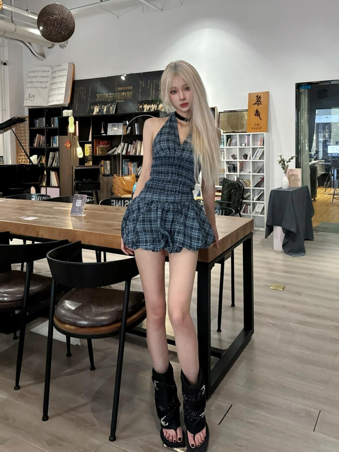 Navy plaid top suit summer American sweet hot girl halter neck vest short skirt suit homecoming dress R3009