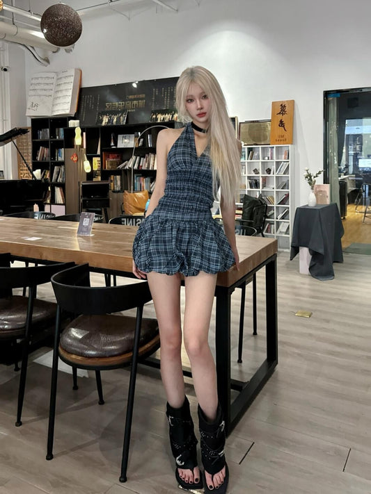 Navy plaid top suit summer American sweet hot girl halter neck vest short skirt suit homecoming dress R3009