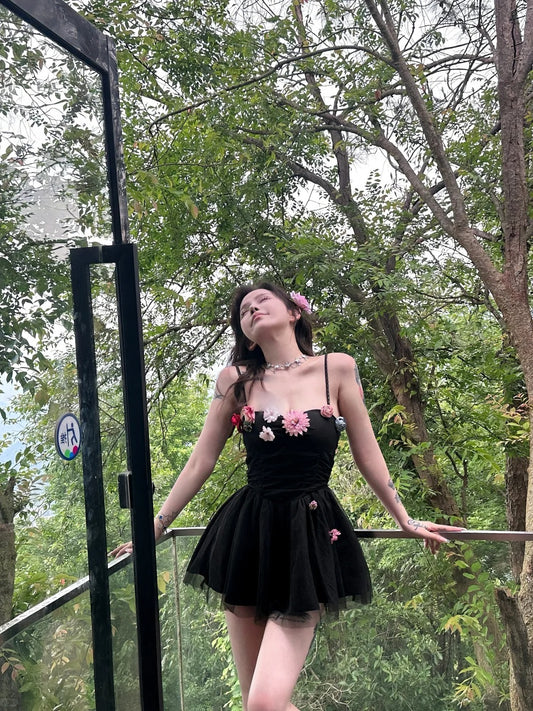 Three-dimensional flower suspender dress summer irregular skirt fishbone waist homecoming dress R3008