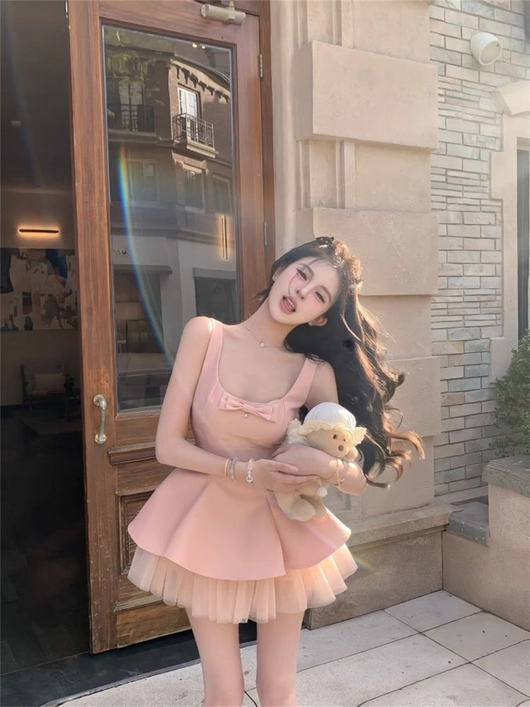 Sweet temperament square collar pink dress female summer new style puffy princess dress homecoming dress R3014