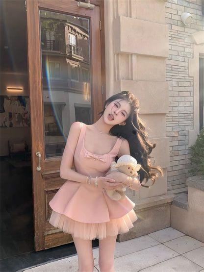 Sweet temperament square collar pink dress female summer new style puffy princess dress homecoming dress R3014