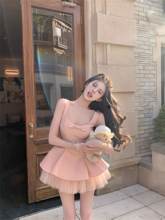 Sweet temperament square collar pink dress female summer new style puffy princess dress homecoming dress R3014