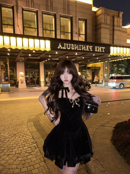 Black velvet dress women's summer princess dress waist puffy skirt homecoming dress R3020