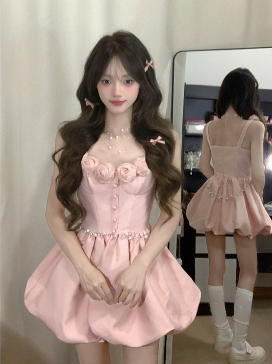 Cute pink suspender dress women's summer daughter heavy industry party dress flower bud skirt homecoming dress R3005