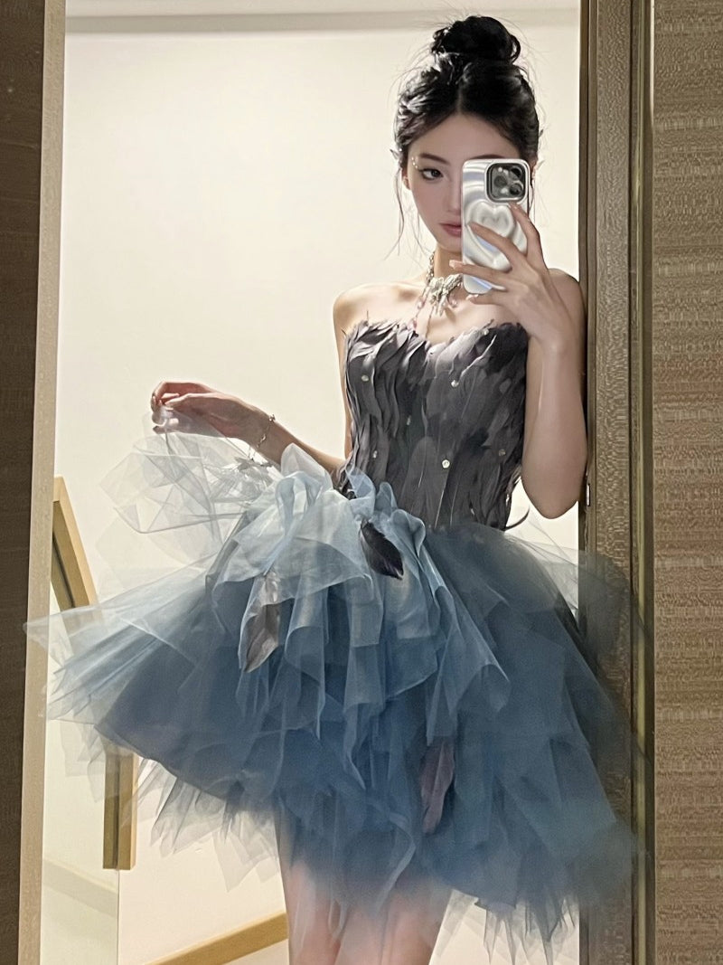 New slim fit feather evening dress prom dinner annual party tutu short homecoming dress R3012