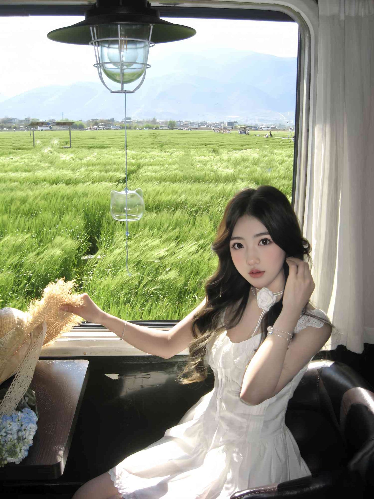 Gentle white moonlight suspender dress beautiful temperament waist A-line short skirt R0742