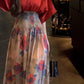 Retro red v-neck dress gentle temperament waist a-line long skirt R0744