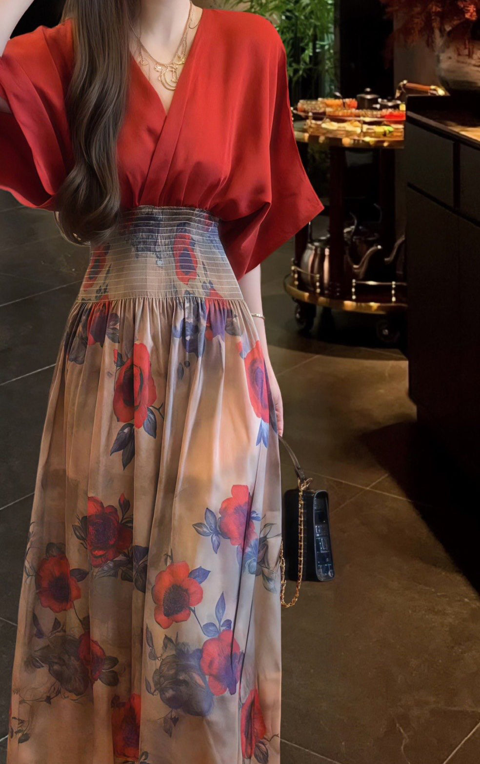 Retro red v-neck dress gentle temperament waist a-line long skirt R0744