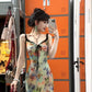 Floral suspender dress with gentle temperament, slim waist and hip skirt R0574