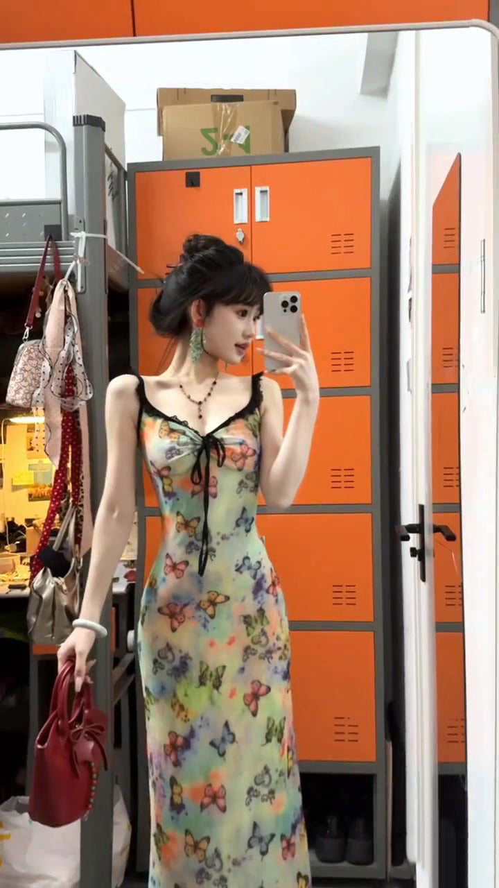 Floral suspender dress with gentle temperament, slim waist and hip skirt R0574