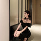 Hepburn style French sexy black one-shoulder dress slim fit temperament hip long skirt R1820