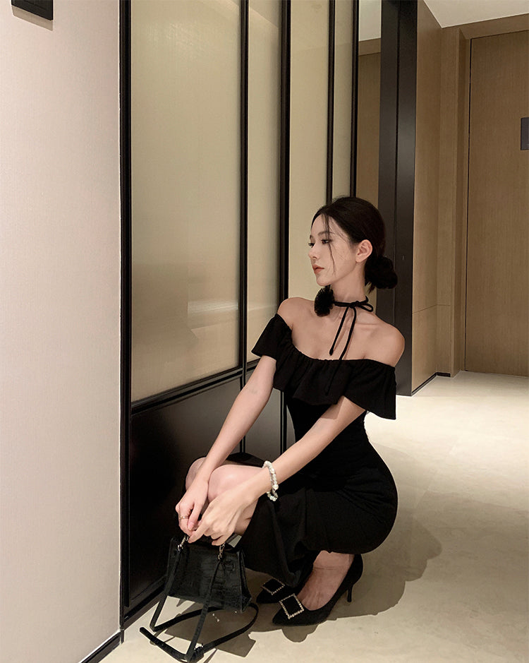 Hepburn style French sexy black one-shoulder dress slim fit temperament hip long skirt R1820