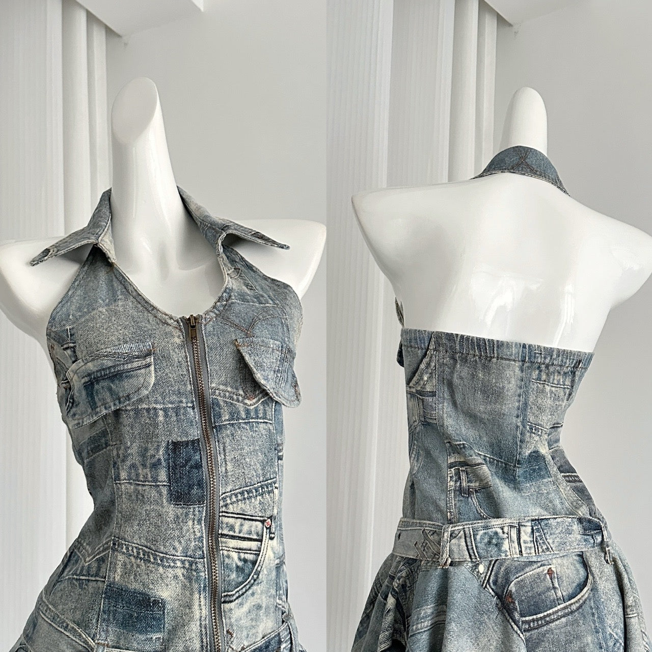 Waist halter neck denim dress distressed retro slim short skirt R2051