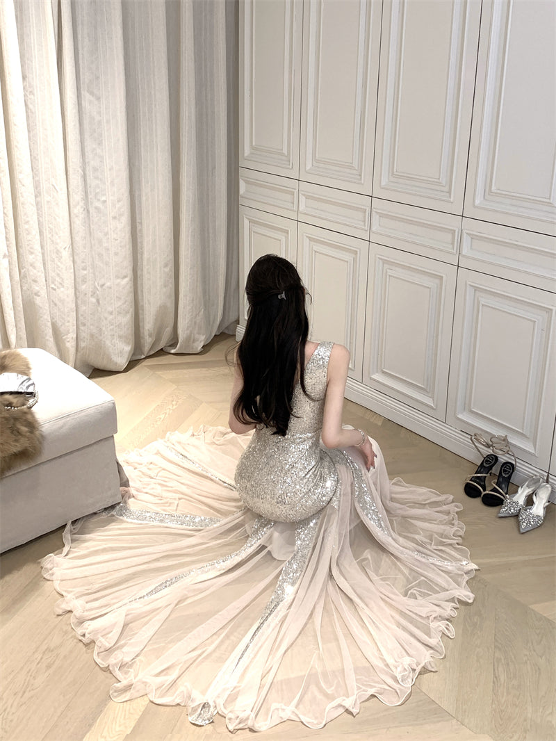 Sexy mermaid high-grade sequined sling dress mesh hip-wrapped evening mermaid dress R1469