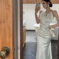 Satin white halter neck suspender dress sexy fishtail hip wrap gentle high-end long skirt R1468